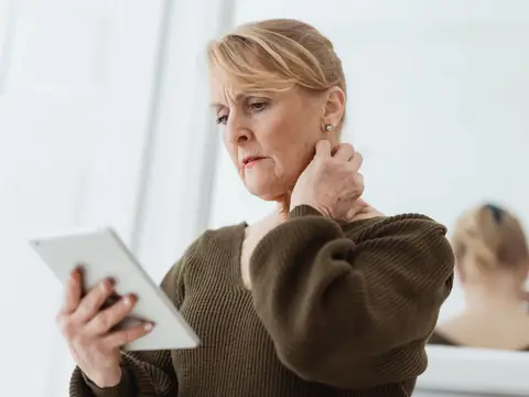 Mature woman reading a tablet and touching the side of her neck