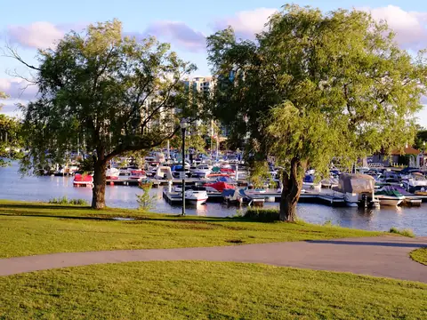 Willow trees and the marina at Centennial Park on Kempenfelt Bay